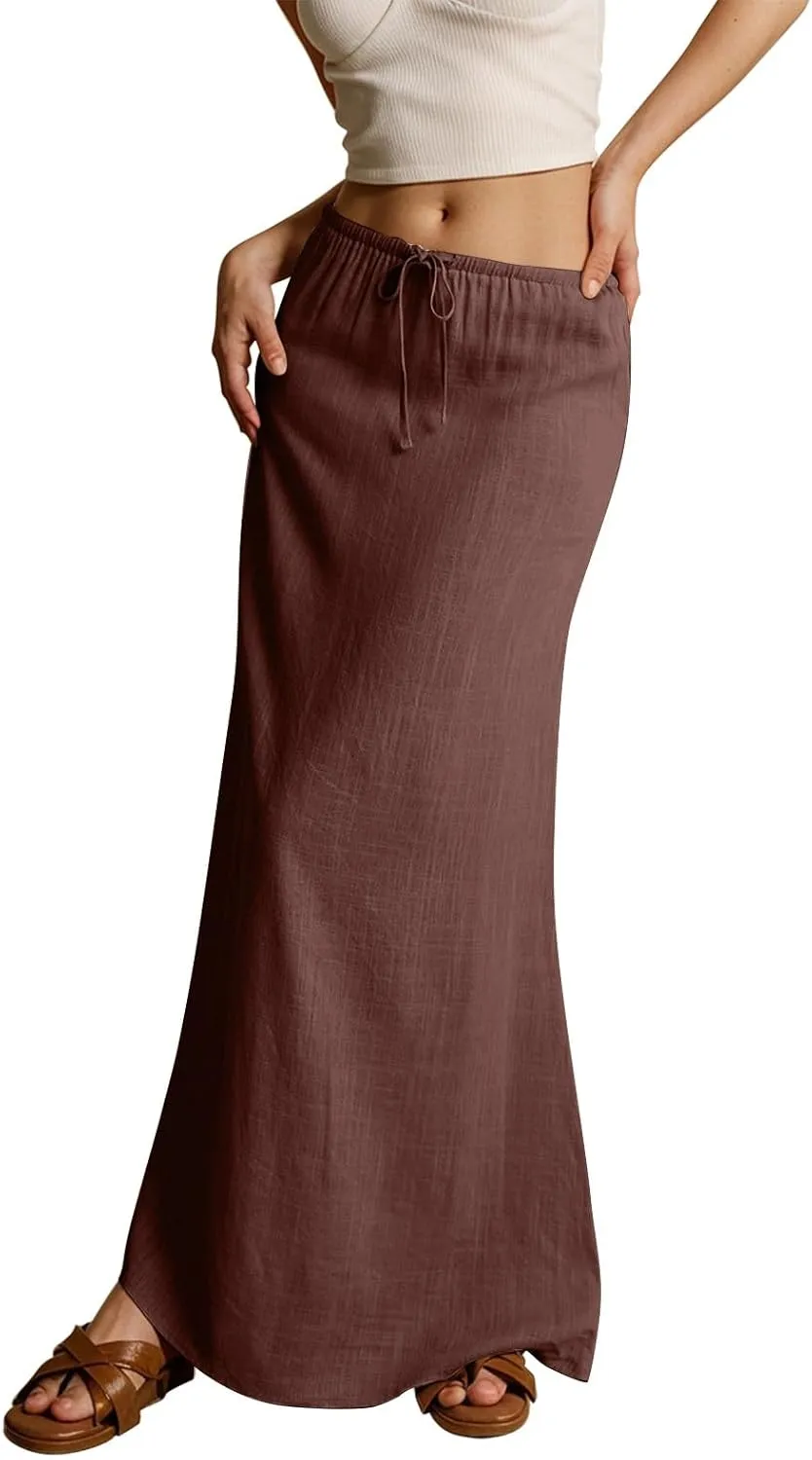 Linen Maxi Skirt for Women Trendy Summer Boho Flowy Drawstring A Line Skirts High Waisted Long Wrap Skirt