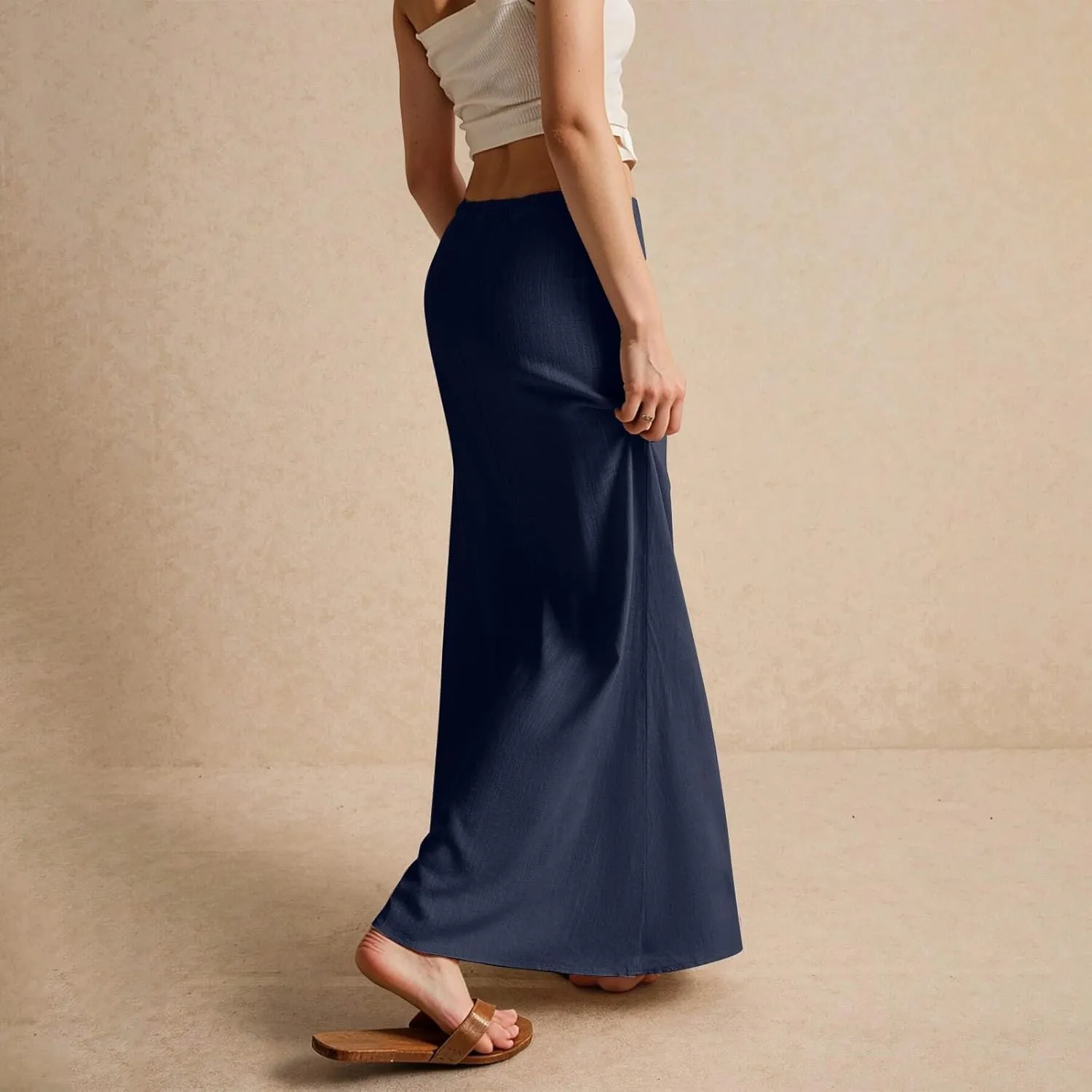 Linen Maxi Skirt for Women Trendy Summer Boho Flowy Drawstring A Line Skirts High Waisted Long Wrap Skirt