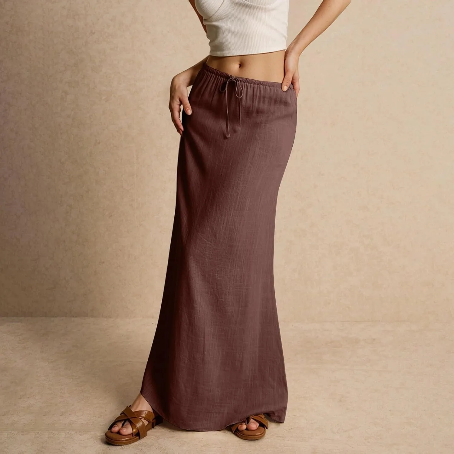 Linen Maxi Skirt for Women Trendy Summer Boho Flowy Drawstring A Line Skirts High Waisted Long Wrap Skirt