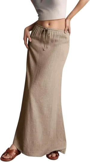 Linen Maxi Skirts for Women Trendy Summer Comfy Drawstring A Line Skirts Casual Beach Vacation Boho Flowy Long Skirts