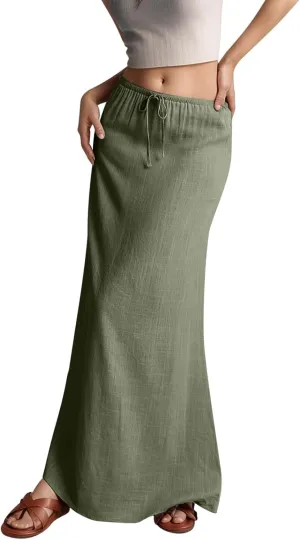 Linen Maxi Skirts for Women Trendy Summer Comfy Drawstring A Line Skirts Casual Beach Vacation Boho Flowy Long Skirts