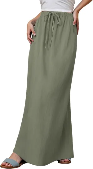 Linen Maxi Skirts for Women Trendy Summer Flared Drawstring Low Waist A Line Skirts Casual Ankle-Length Flowy Long Skirts