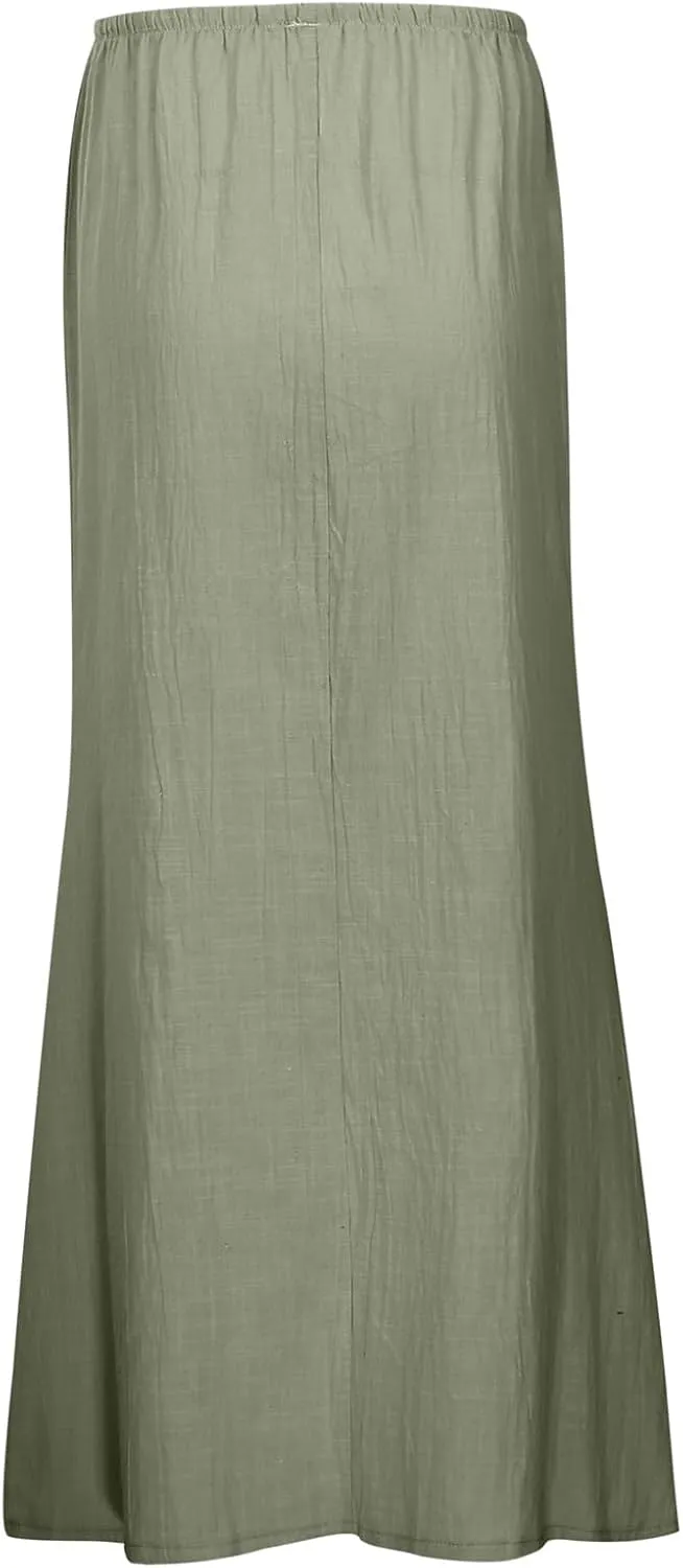Linen Maxi Skirts for Women Trendy Summer Flared Drawstring Low Waist A Line Skirts Casual Ankle-Length Flowy Long Skirts