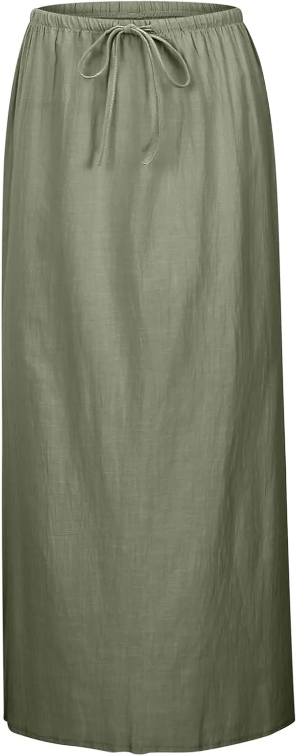 Linen Maxi Skirts for Women Trendy Summer Flared Drawstring Low Waist A Line Skirts Casual Ankle-Length Flowy Long Skirts