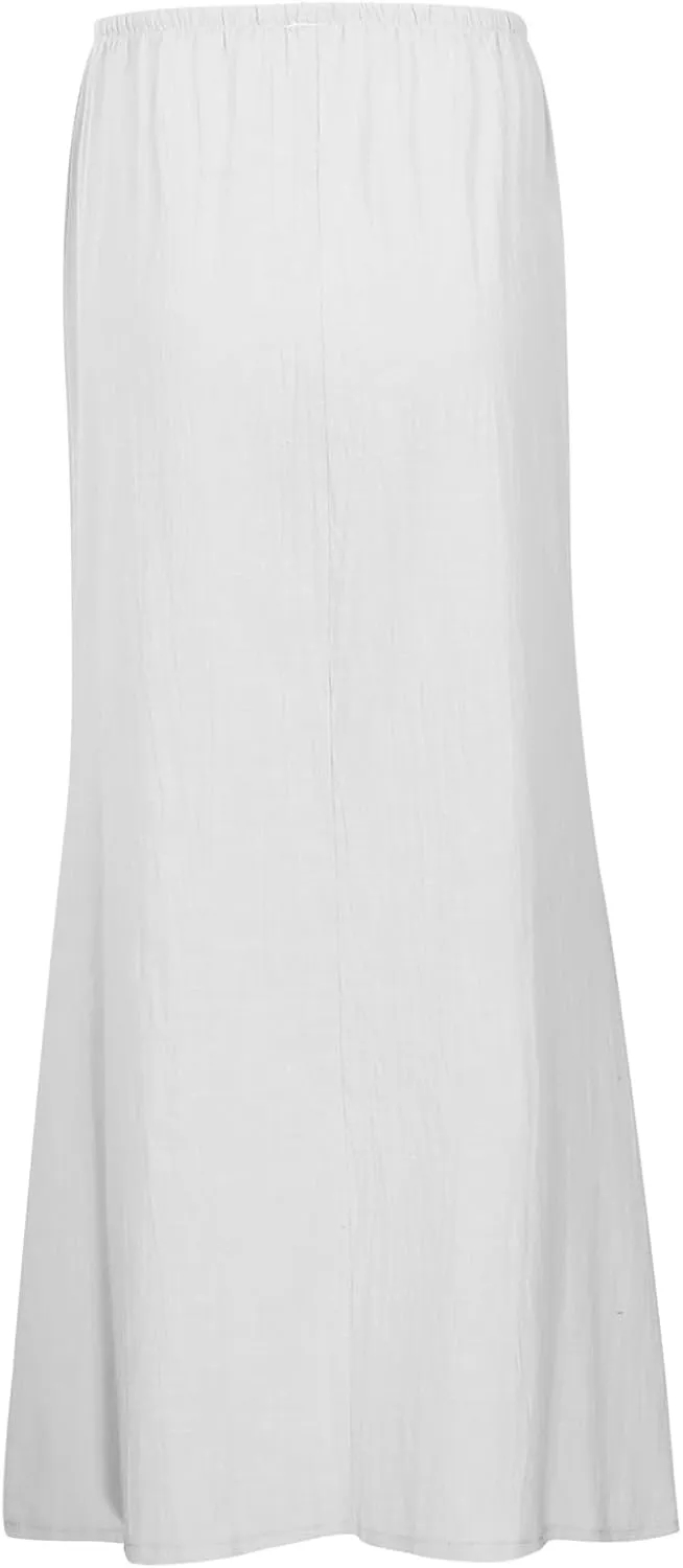 Linen Maxi Skirts for Women Trendy Summer Flared Drawstring Low Waist A Line Skirts Casual Ankle-Length Flowy Long Skirts
