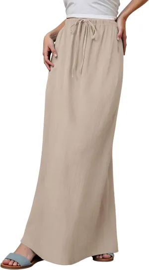 Linen Maxi Skirts for Women Trendy Summer Flared Drawstring Low Waist A Line Skirts Casual Ankle-Length Flowy Long Skirts