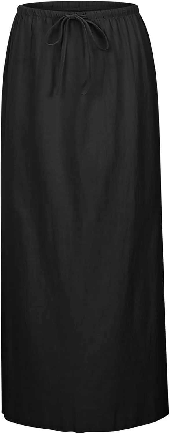 Linen Maxi Skirts for Women Trendy Summer Flared Drawstring Low Waist A Line Skirts Casual Ankle-Length Flowy Long Skirts
