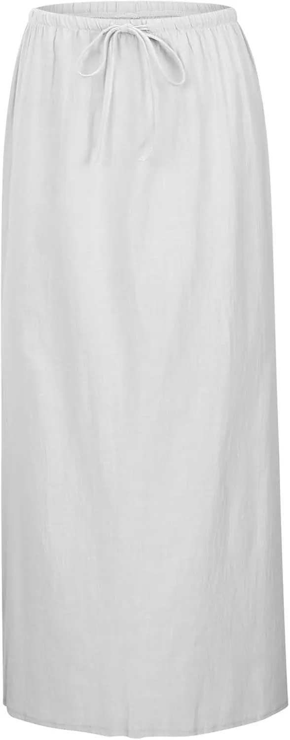 Linen Maxi Skirts for Women Trendy Summer Flared Drawstring Low Waist A Line Skirts Casual Ankle-Length Flowy Long Skirts