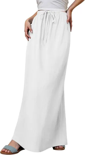 Linen Maxi Skirts for Women Trendy Summer Flared Drawstring Low Waist A Line Skirts Casual Ankle-Length Flowy Long Skirts