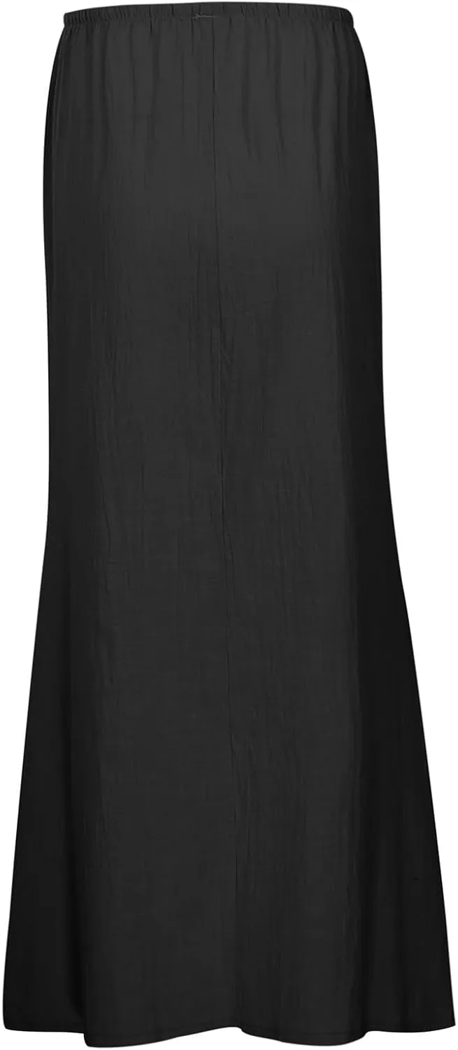 Linen Maxi Skirts for Women Trendy Summer Flared Drawstring Low Waist A Line Skirts Casual Ankle-Length Flowy Long Skirts