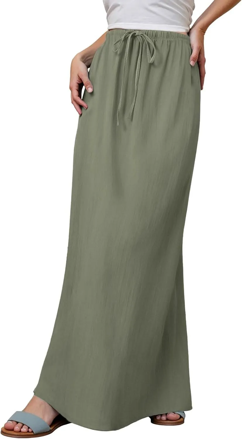 Linen Maxi Skirts for Women Trendy Summer Flared Drawstring Low Waist A Line Skirts Casual Ankle-Length Flowy Long Skirts