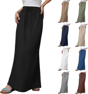 Linen Maxi Skirts for Women Trendy Summer Flared Drawstring Low Waist A Line Skirts Casual Ankle-Length Flowy Long Skirts