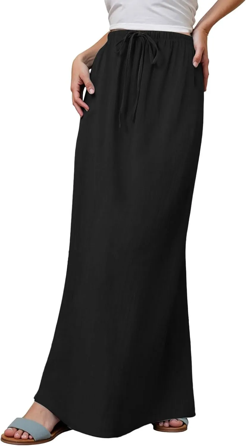 Linen Maxi Skirts for Women Trendy Summer Flared Drawstring Low Waist A Line Skirts Casual Ankle-Length Flowy Long Skirts