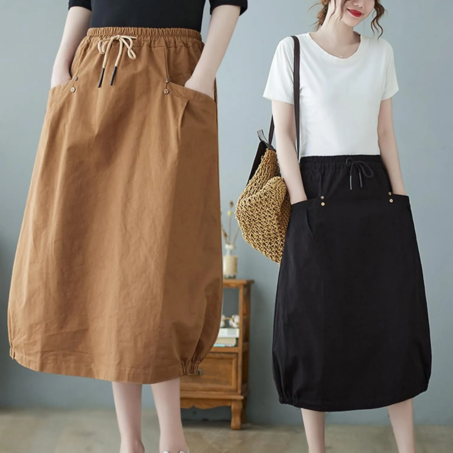 Linen Skirt for Women Casual Loose Fit Baggy Skirts High Rise Cozy Lounge Skirt Summer Pure Flowy Plus Size Skirt