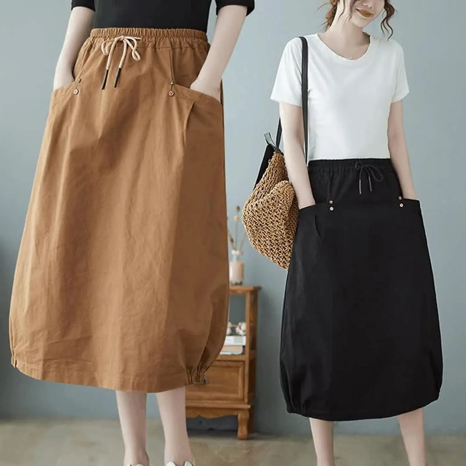 Linen Skirt for Women Casual Loose Fit Baggy Skirts High Rise Cozy Lounge Skirt Summer Pure Flowy Plus Size Skirt