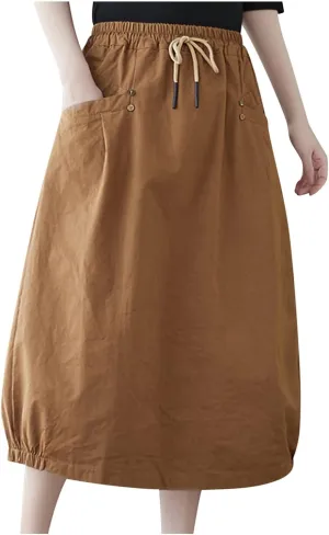 Linen Skirt for Women Casual Loose Fit Baggy Skirts High Rise Cozy Lounge Skirt Summer Pure Flowy Plus Size Skirt