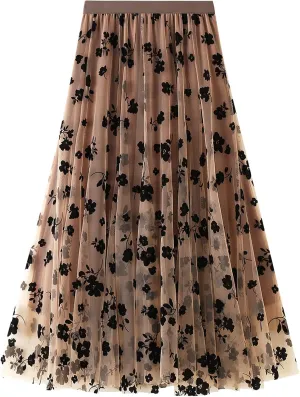 Lu's Chic Women's Tulle Skirt High Waisted Floral Layered Elastic Waist A-line Midi Tutu Waisted