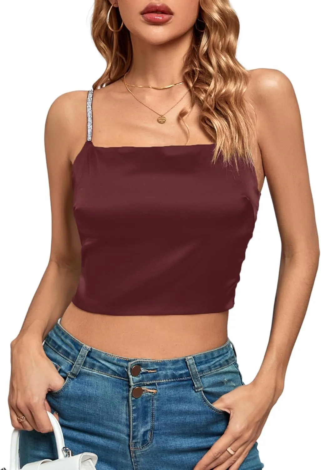 LYANER Women's Satin Rinestone Spaghetti Straps Square Neck Sleeveless Cami Crop Top