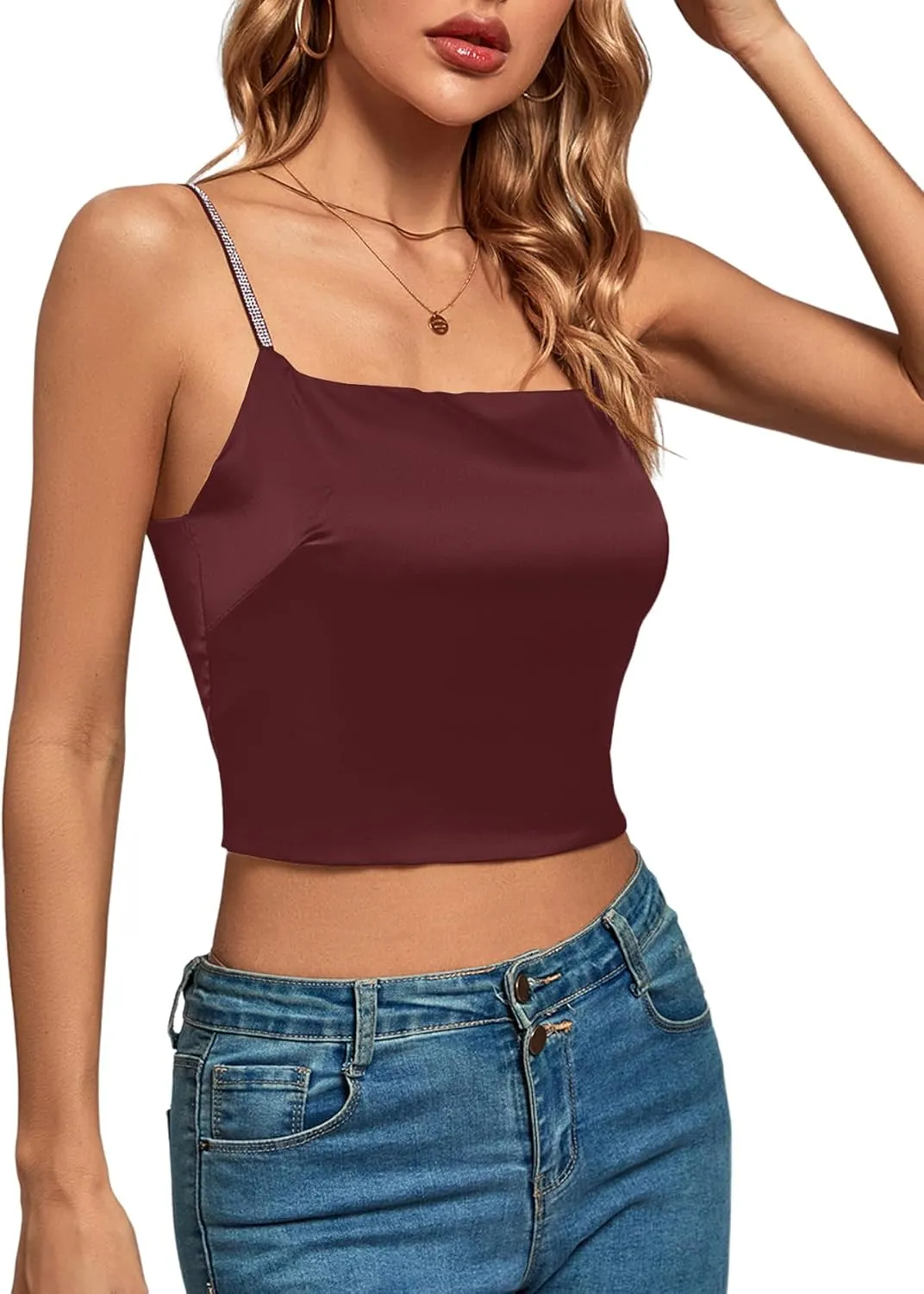 LYANER Women's Satin Rinestone Spaghetti Straps Square Neck Sleeveless Cami Crop Top