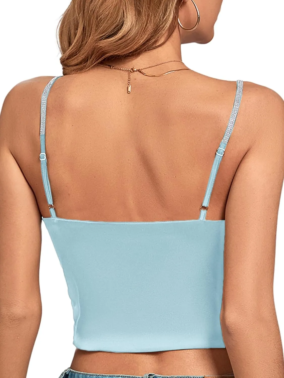 LYANER Women's Satin Rinestone Spaghetti Straps Square Neck Sleeveless Cami Crop Top