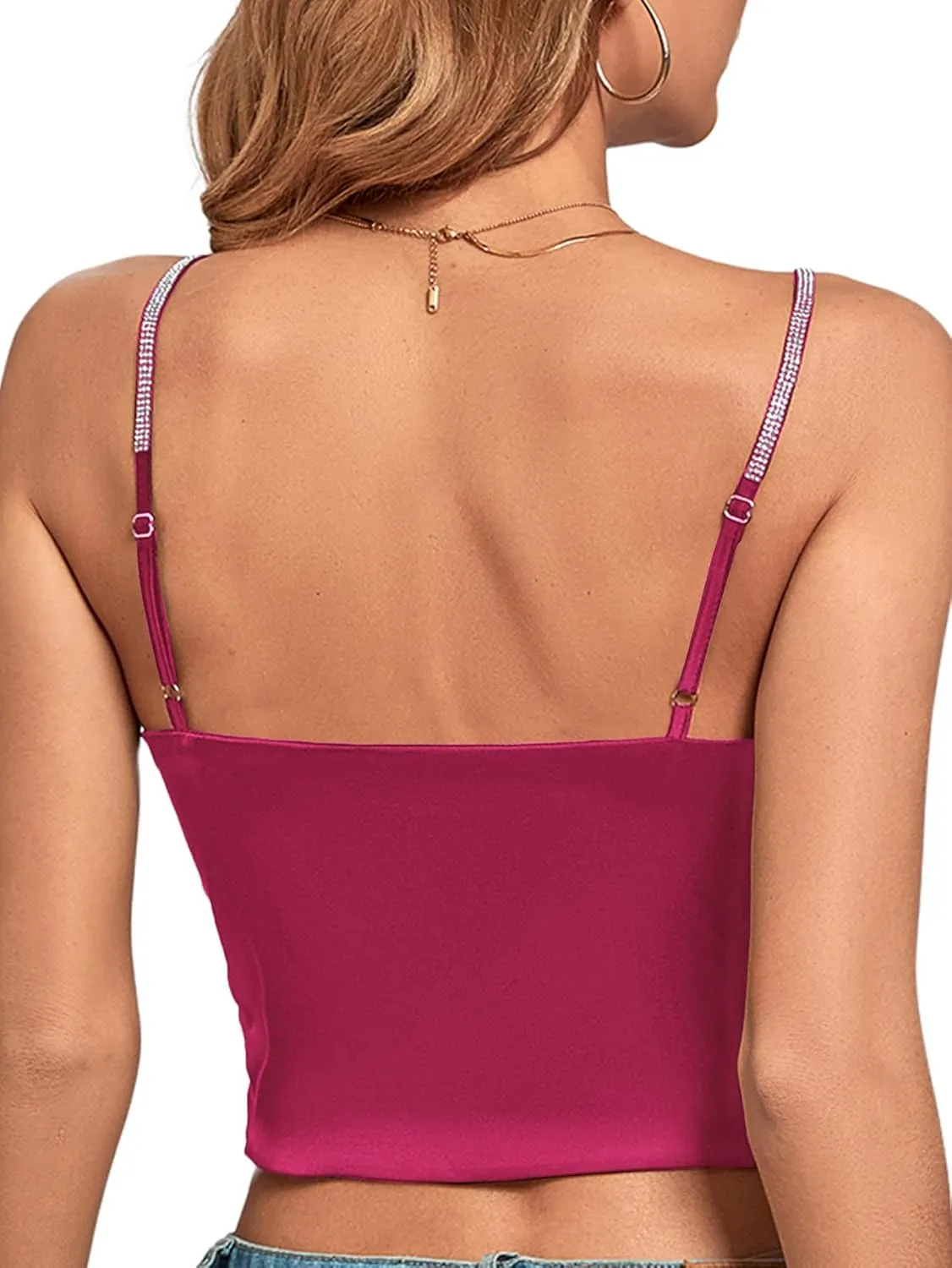 LYANER Women's Satin Rinestone Spaghetti Straps Square Neck Sleeveless Cami Crop Top