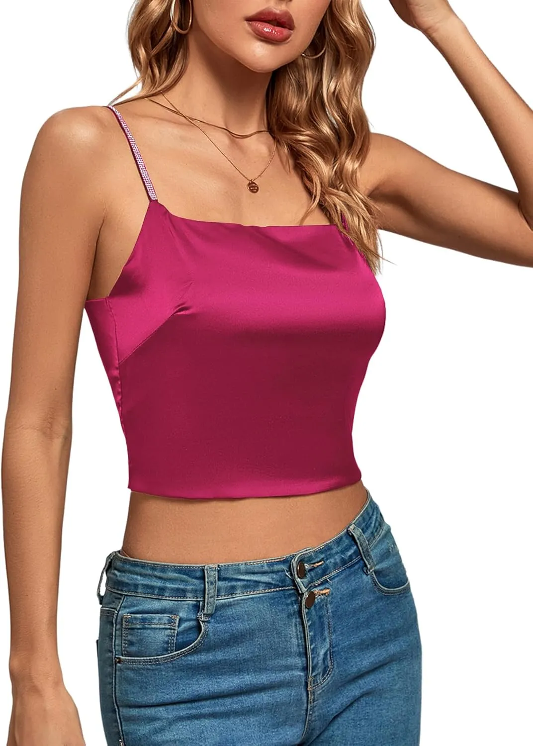 LYANER Women's Satin Rinestone Spaghetti Straps Square Neck Sleeveless Cami Crop Top