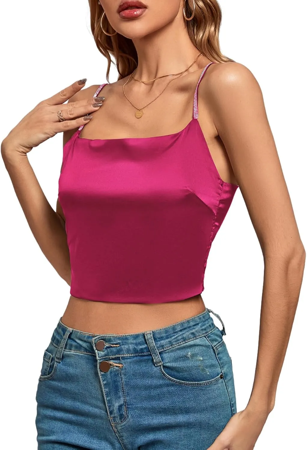 LYANER Women's Satin Rinestone Spaghetti Straps Square Neck Sleeveless Cami Crop Top
