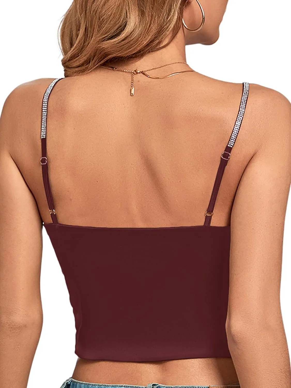 LYANER Women's Satin Rinestone Spaghetti Straps Square Neck Sleeveless Cami Crop Top