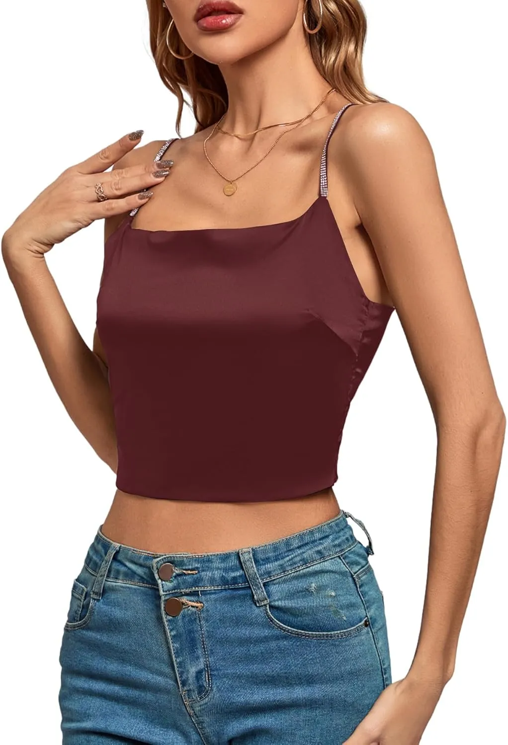 LYANER Women's Satin Rinestone Spaghetti Straps Square Neck Sleeveless Cami Crop Top