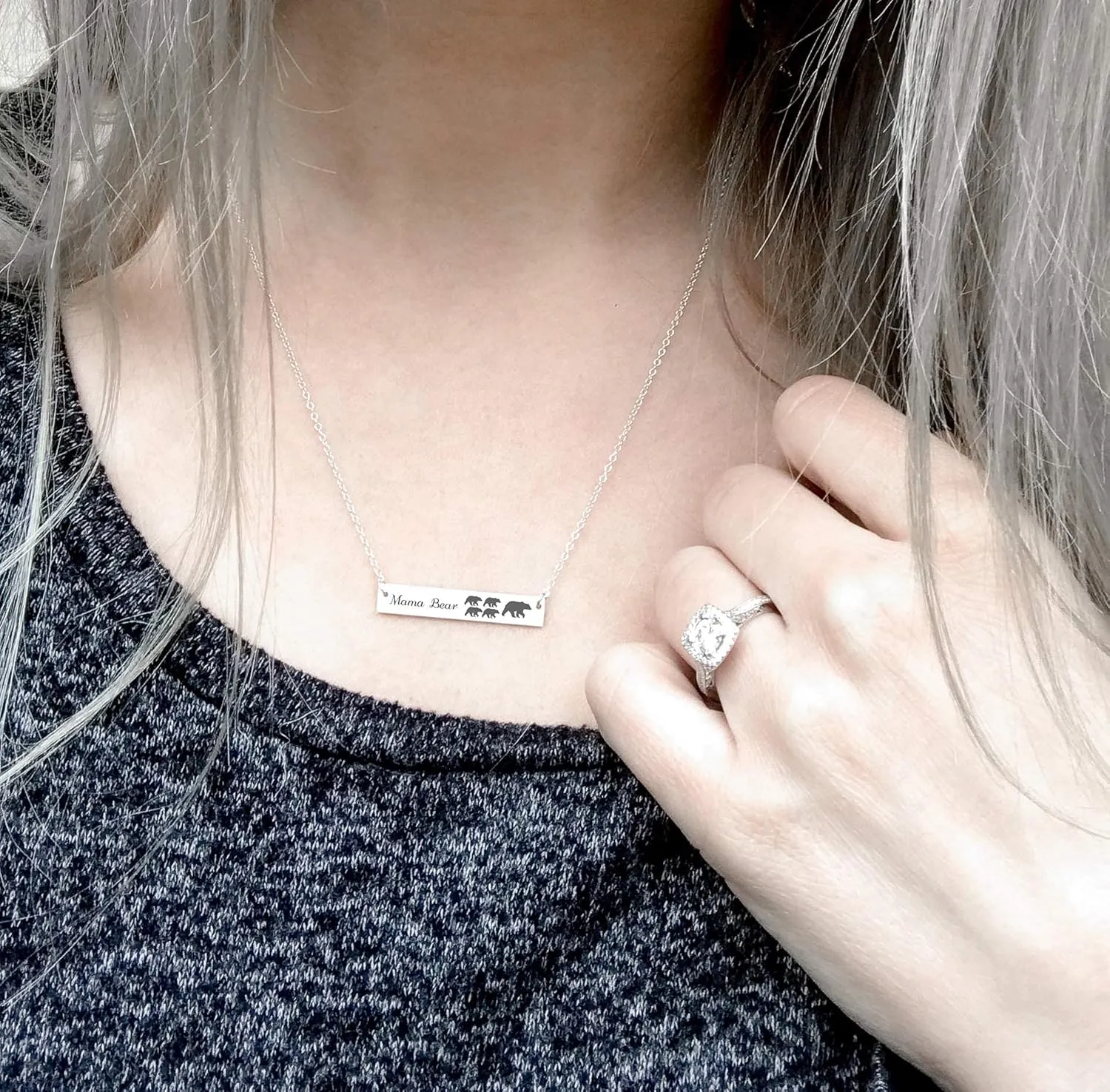 Mama Bear Necklace - Momma Bear Jewelry with Cubs Bar Necklace