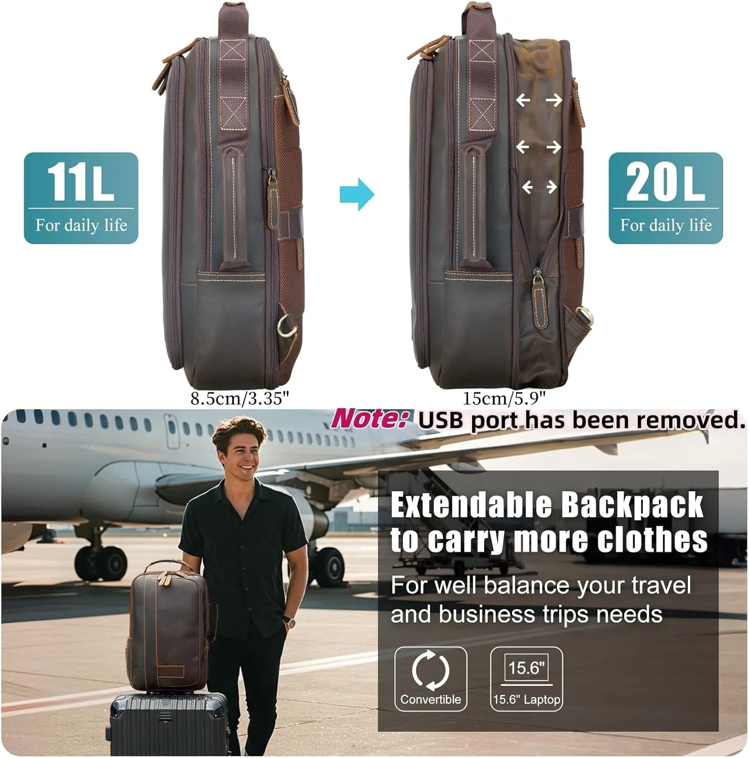 Masa Kawa Leather 15.6" Laptop Backpack for Men Convertible Briefcase Backpacks Expandable Vintage Business Work Travel Rucksack Daypack, Brown