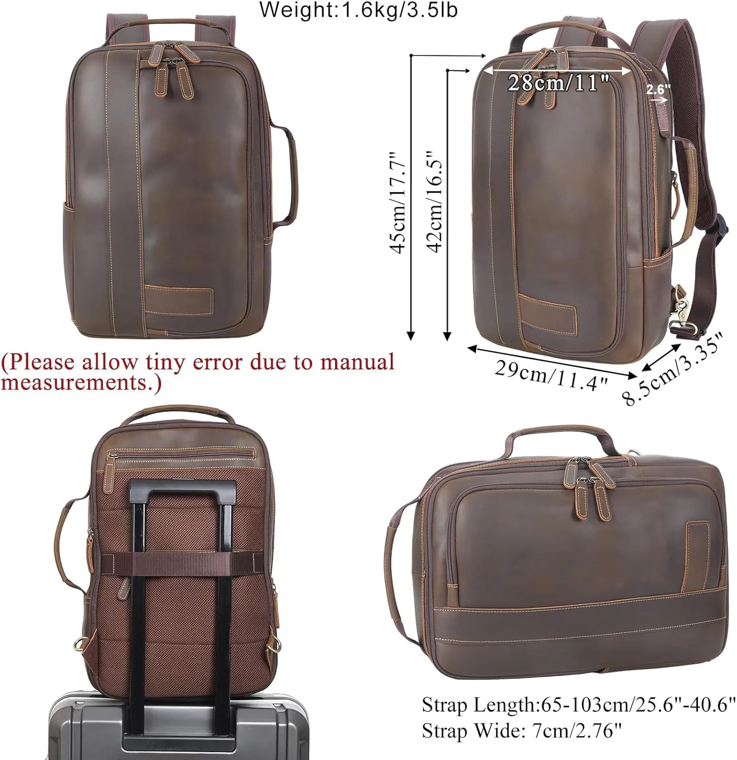 Masa Kawa Leather 15.6" Laptop Backpack for Men Convertible Briefcase Backpacks Expandable Vintage Business Work Travel Rucksack Daypack, Light Brown