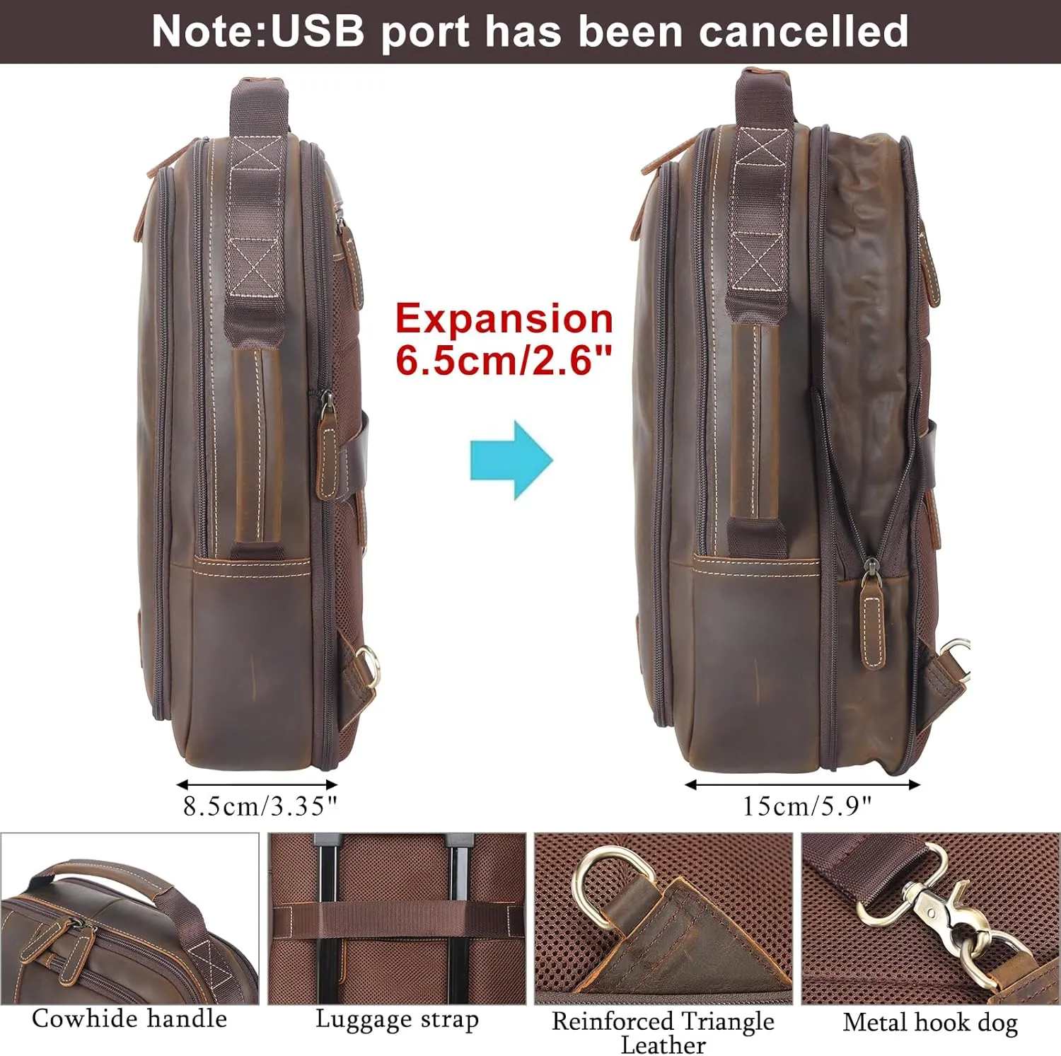 Masa Kawa Leather 15.6" Laptop Backpack for Men Convertible Briefcase Backpacks Expandable Vintage Business Work Travel Rucksack Daypack, Light Brown