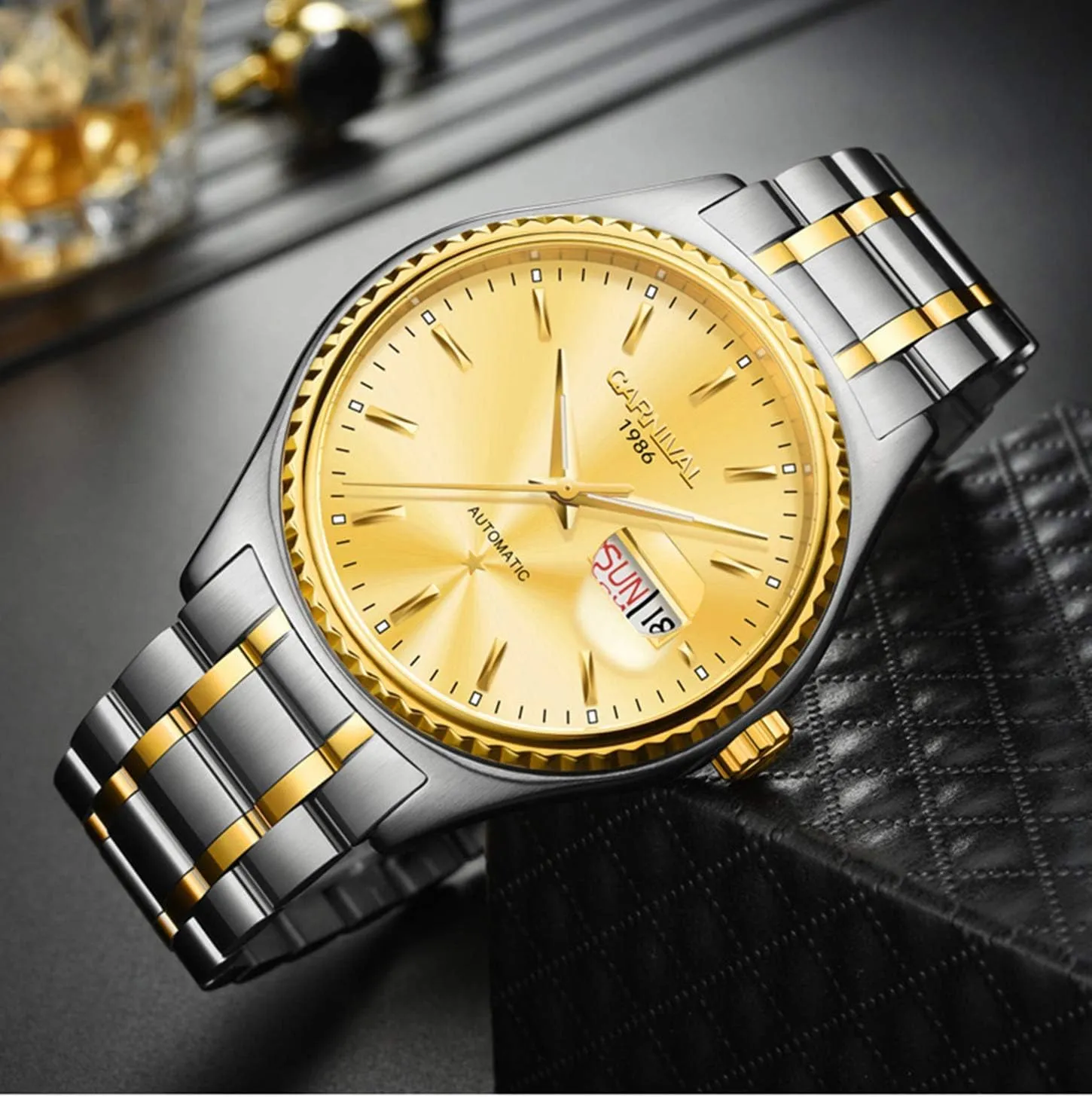 MASTOP Mens Automatic Mechanical Watch Luxury Golden Stainless Steel Waterproof Calendar Luminous Rhinestones