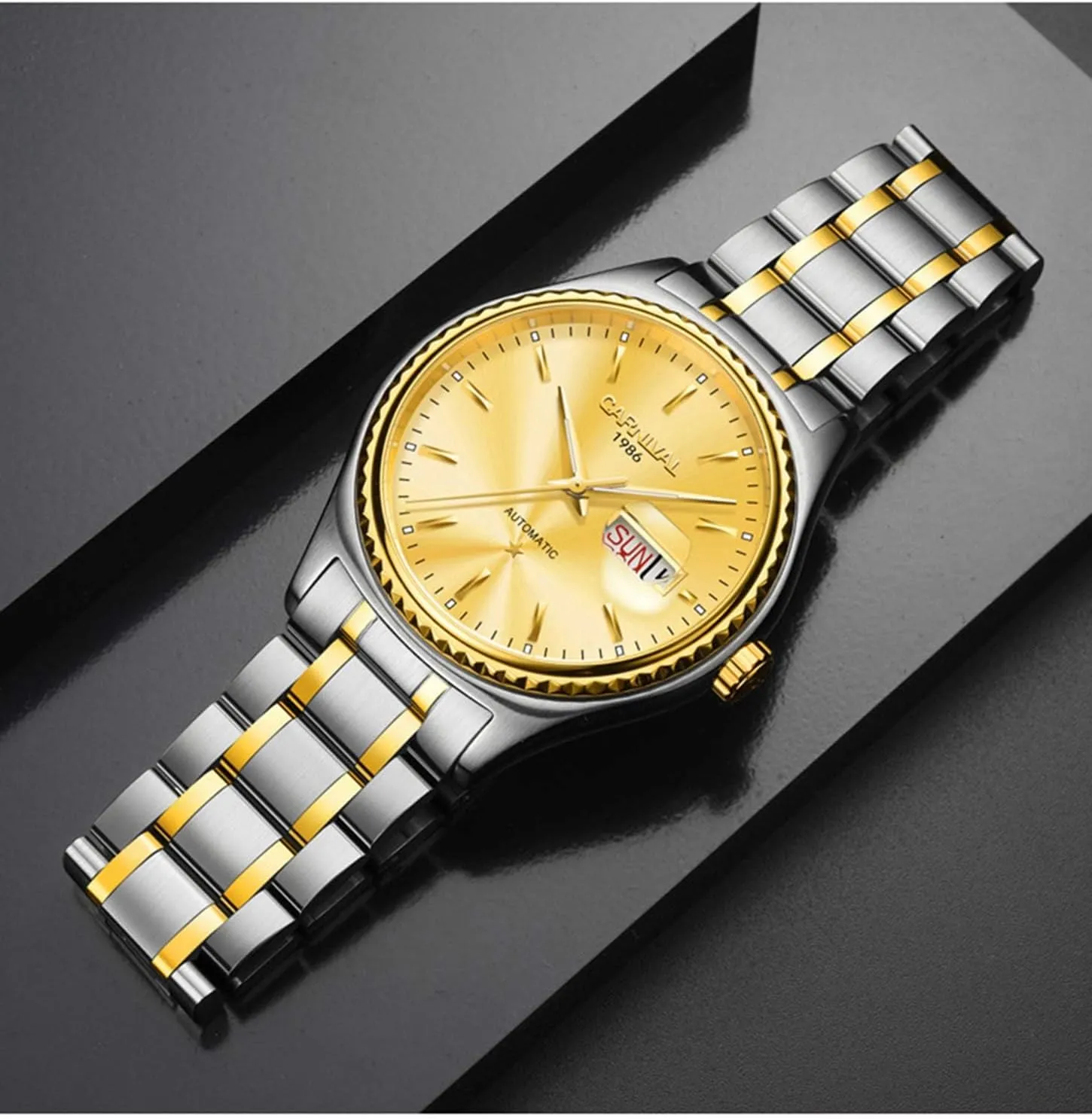 MASTOP Mens Automatic Mechanical Watch Luxury Golden Stainless Steel Waterproof Calendar Luminous Rhinestones