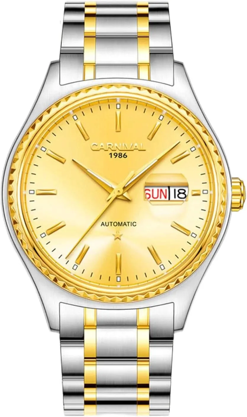 MASTOP Mens Automatic Mechanical Watch Luxury Golden Stainless Steel Waterproof Calendar Luminous Rhinestones