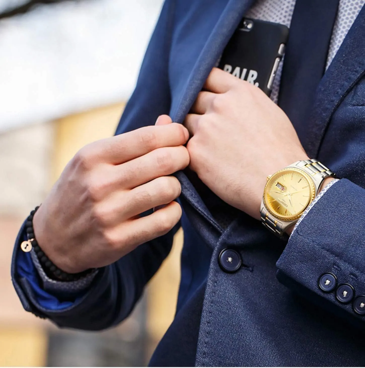 MASTOP Mens Automatic Mechanical Watch Luxury Golden Stainless Steel Waterproof Calendar Luminous Rhinestones