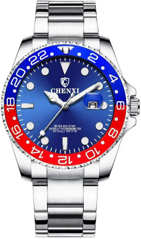 MASTOP Mens Watches Rotatable Bezel Business Wrist Watch Classic Silver Stainless Steel Waterproof Quartz Watch (Silver Blue red)