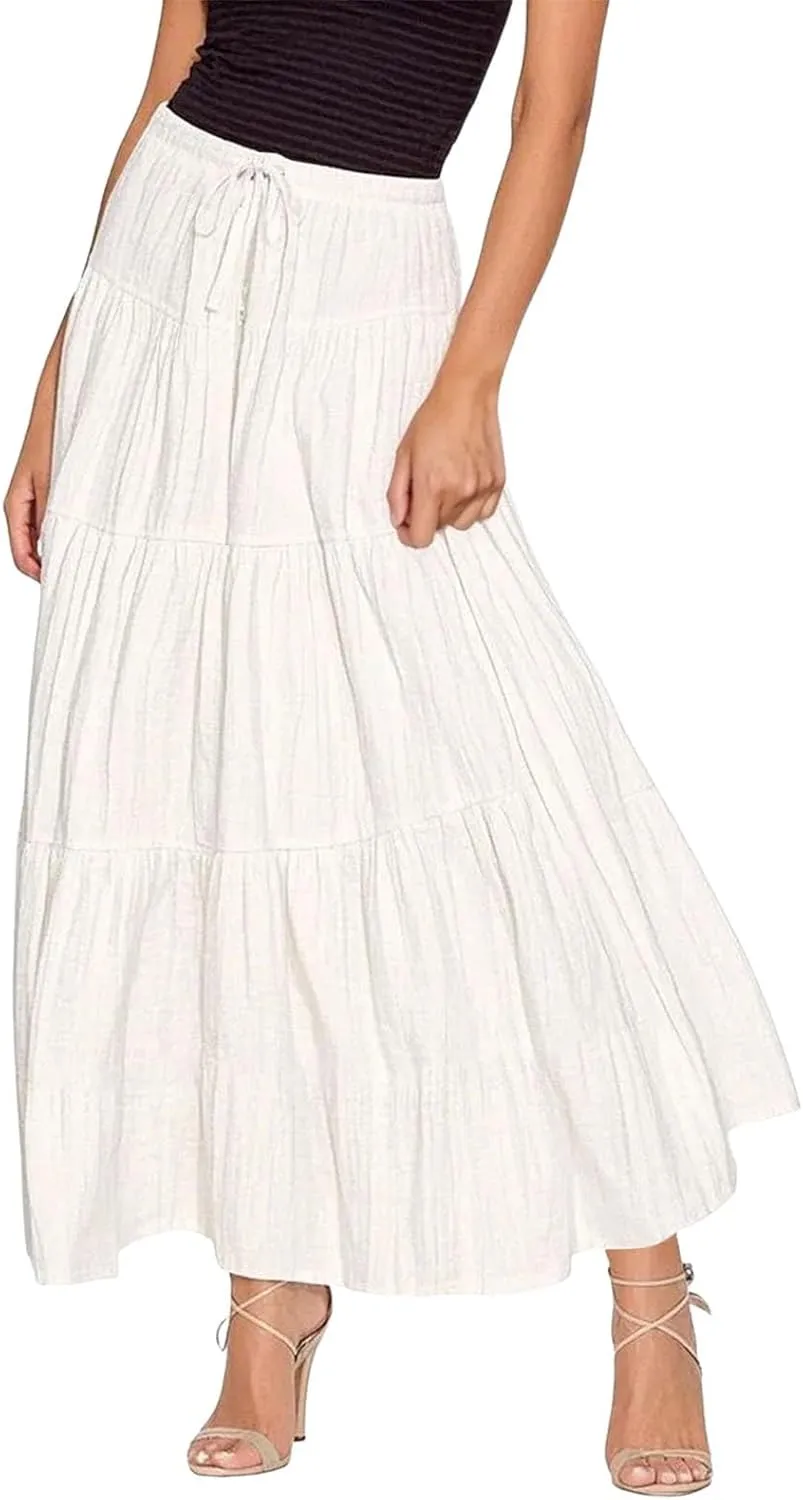 Maxi Skirt for Women Summer Elegant Trendy Drawstring High Waist Flowy Boho Pleated Tiered A Line Beach Long Skirts