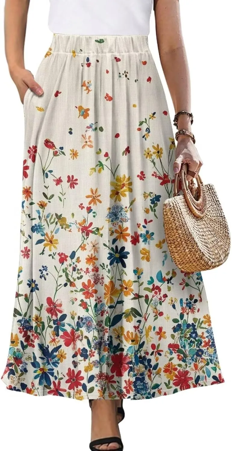Maxi Skirts for Women Elastic Waist High Waist Long Skirts Casual A-Line Flowy Skirts for Women