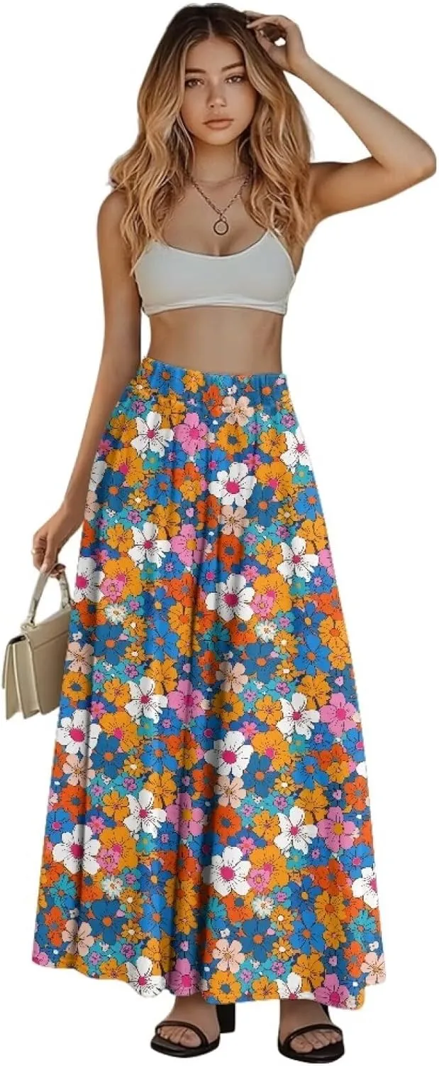 Maxi Skirts for Women Elastic Waist High Waist Long Skirts Casual A-Line Flowy Skirts for Women