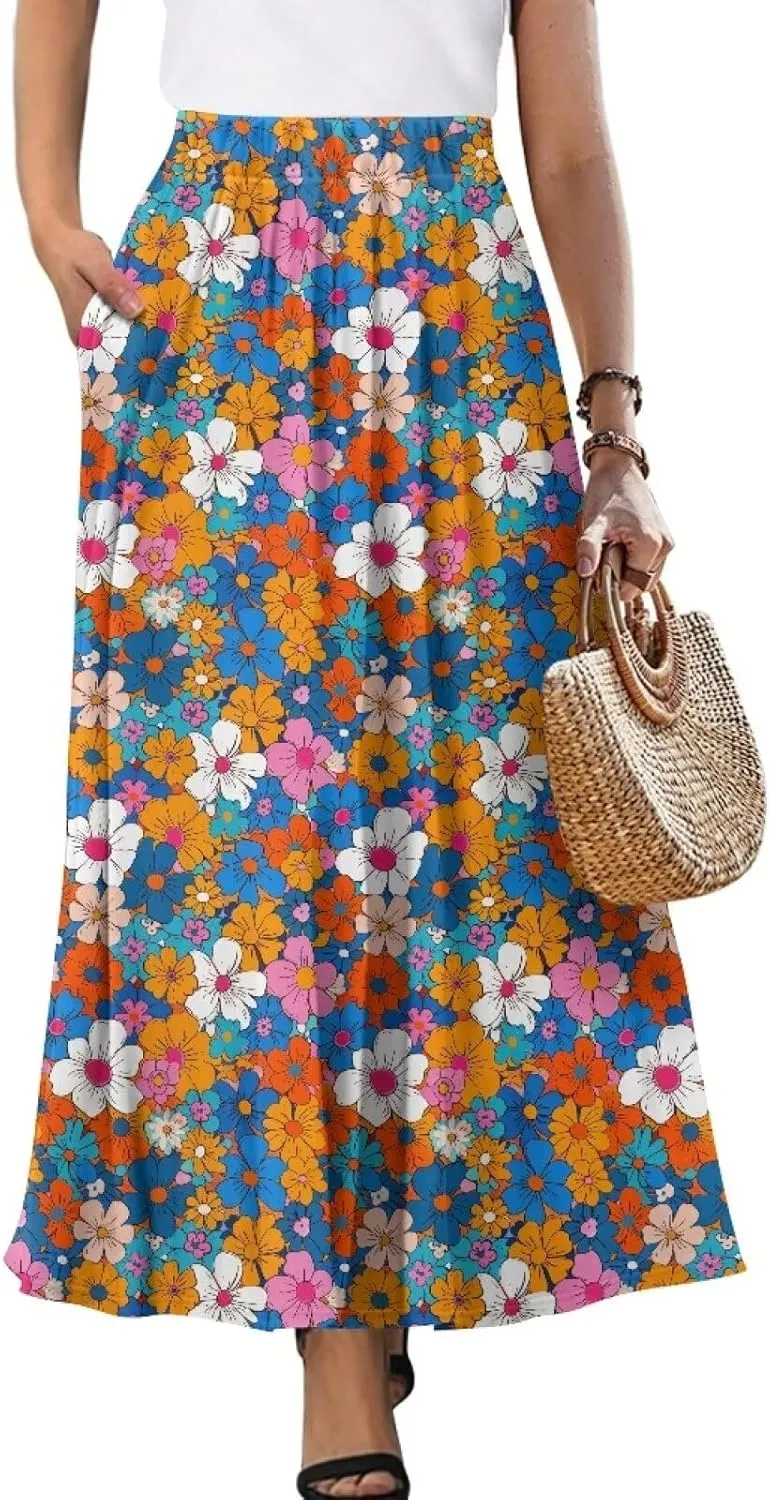 Maxi Skirts for Women Elastic Waist High Waist Long Skirts Casual A-Line Flowy Skirts for Women