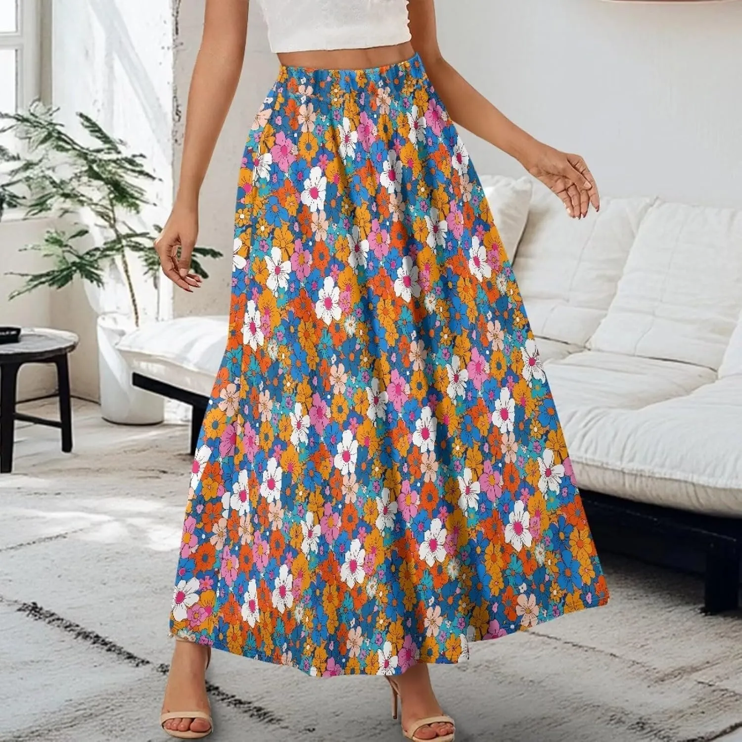 Maxi Skirts for Women Elastic Waist High Waist Long Skirts Casual A-Line Flowy Skirts for Women