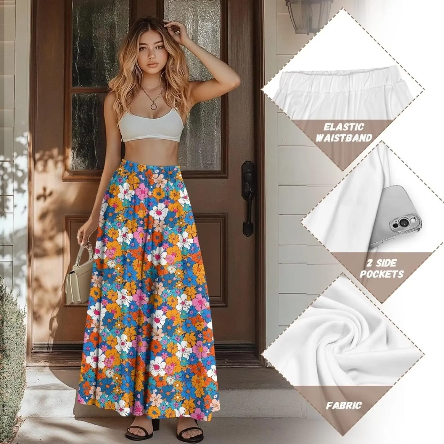 Maxi Skirts for Women Elastic Waist High Waist Long Skirts Casual A-Line Flowy Skirts for Women
