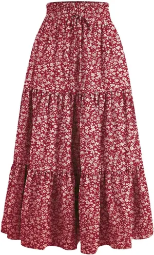 Maxi Skirts for Women High Waisted Tiered A Line Long Skirt Drawstring Flowy Floral Pleated Summer Skirt with Pockets