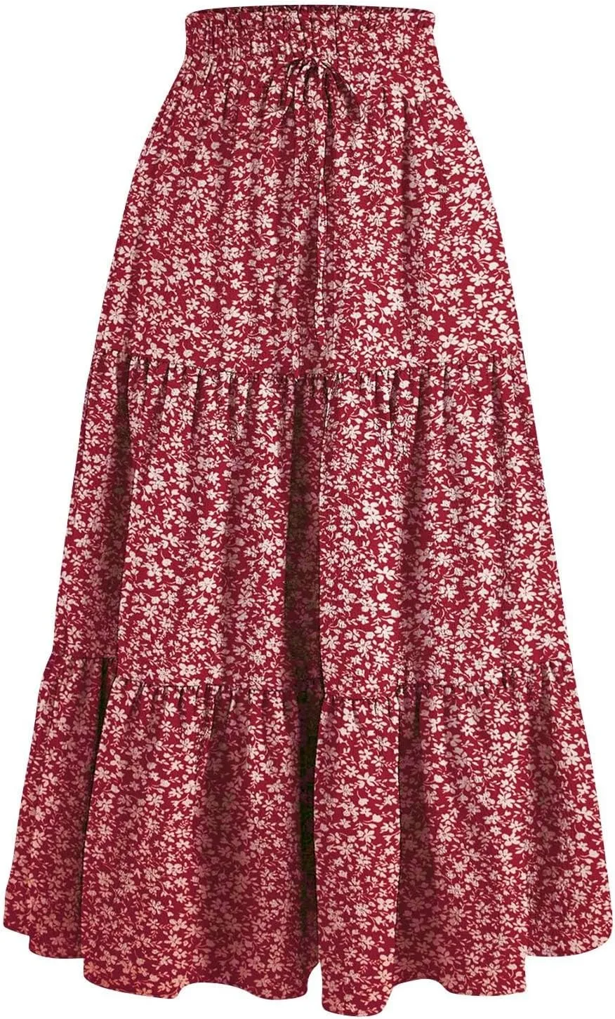 Maxi Skirts for Women High Waisted Tiered A Line Long Skirt Drawstring Flowy Floral Pleated Summer Skirt with Pockets