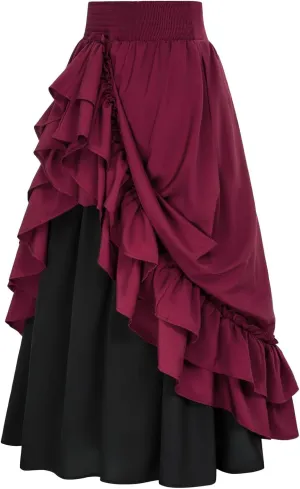 Maxi Skirts for Women Retro Medieval Renaissance Skirts Vintage Color Patchwork Ruffle Double-Layer Victorian Skirt