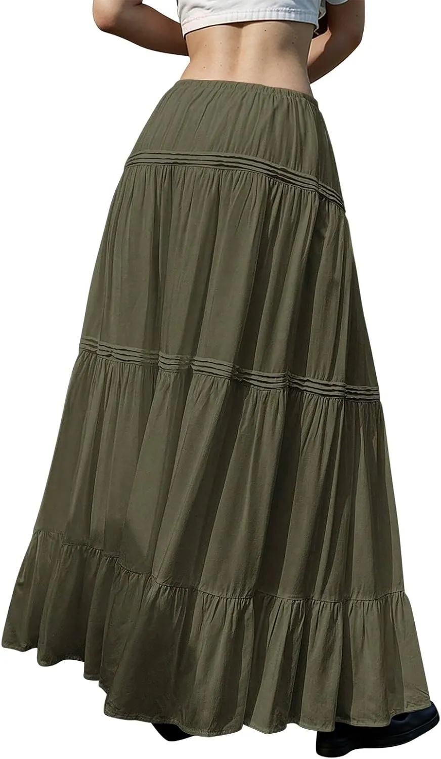 Maxi Skirts for Women Trendy Drawstring High Waisted Flowy Tiered Linen Skirt Pleated Ruffled A-Line Long Skirts