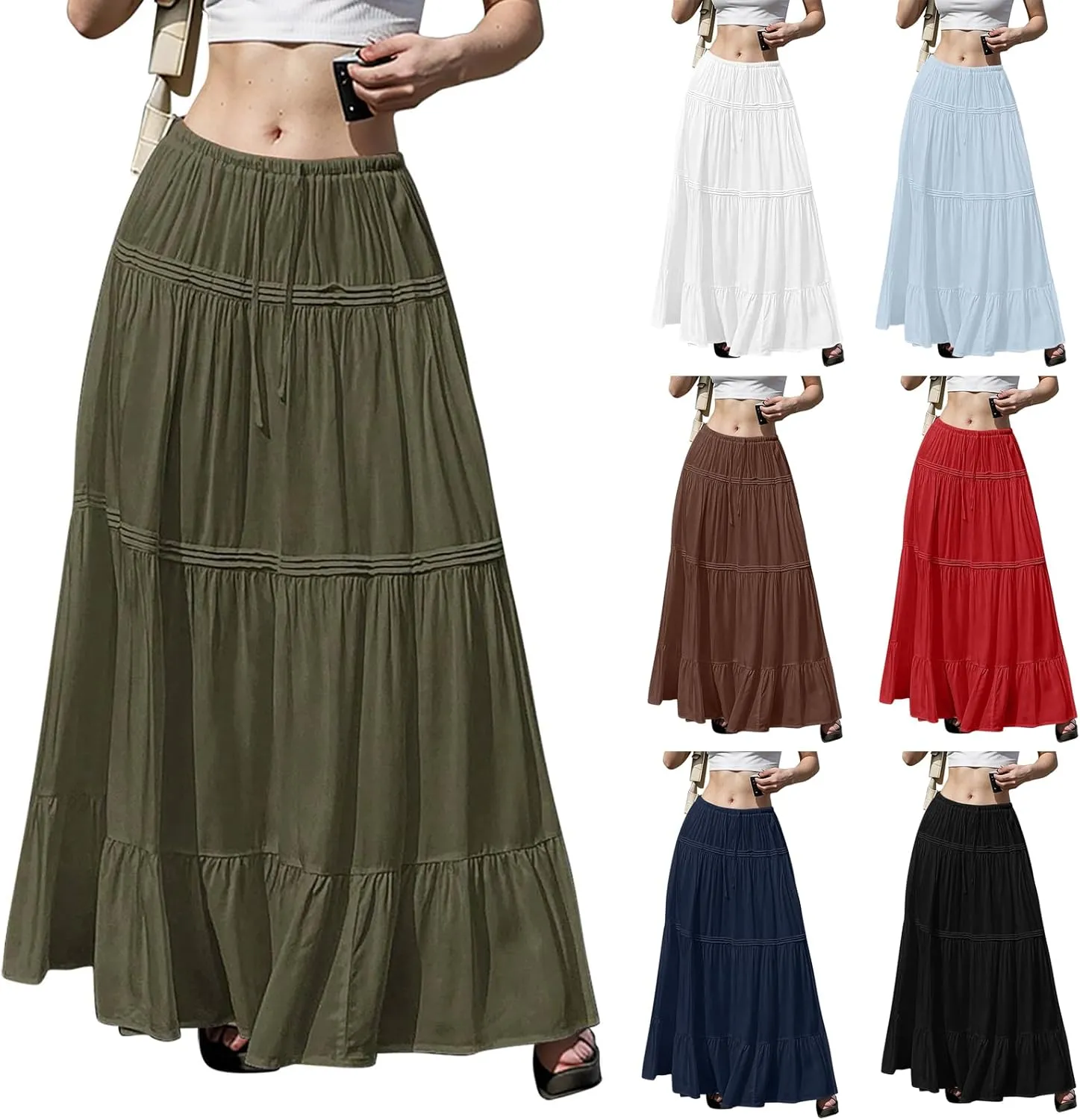 Maxi Skirts for Women Trendy Drawstring High Waisted Flowy Tiered Linen Skirt Pleated Ruffled A-Line Long Skirts