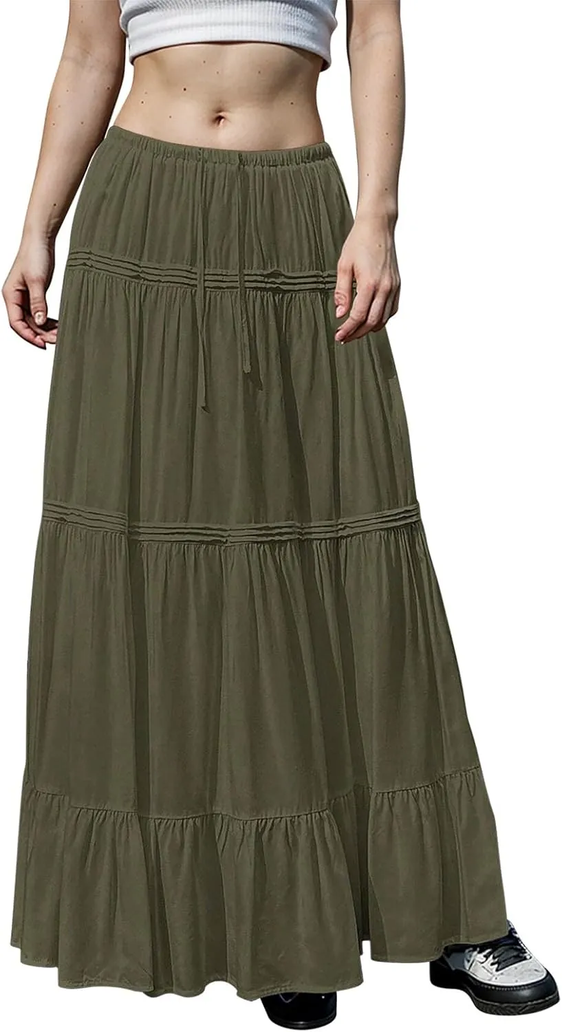 Maxi Skirts for Women Trendy Drawstring High Waisted Flowy Tiered Linen Skirt Pleated Ruffled A-Line Long Skirts